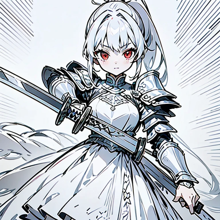 Beautiful anime girl with white hair, Red eyes, And a delicate face, pocket,armor,wearing cute white dress, A playful and bright look, Ultra-high resolution, masterpiece, Highest quality, Very detailed, ponytail,Long Hair,Animal Year Eta, Anime Style,巨Large sword,Large sword,Put it on your shoulder,brave,Double-handed sword