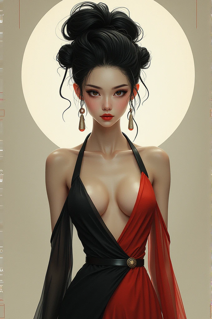 Create a cool character for a gacha game based on the game Zenless Zone Zero, female character in devil clothes in warm colors, S-level fire elemental character, devil horns and tail, beautiful and cute face, corpo de nymph, lolly, haughty, devilish smile, wielding a serrated sword, pose de atitude, A beautiful , 14歳, super skinny, short mini skirt, wide belt, garter belt with black tights, thigh holster, breasts small, perfect little ass, narrow hip, Waist slender, pose sexly, ((ponytailhair style))), posing for manga cover photo, dynamic pose, malicious smile, seductiv, malicious, obscene, shamelessly, young, Stupid, nymph, manga style, random ethnicity, (((MMA fighter))), ((( red dress ))), (((bandaged arms))), ((high collar)), (((darkskin)), (((micro skirt with vertical seams))), (((best qualityer: 1.4))), (Unbeatable masterpiece), (hiper HD),(CG 8k hyper-realistic), (((hyper feminine))), sexly girl, king of fighter, ((( sculptural body ))), (((1 girl))), garota de 14歳 com perfectbody e magro,Beautiful and well-groomed face, (Head to thigh photos), Complex equipment, (((standing alone))), pirralha violent, (((14歳))), sexly, pose de atitude, work of art, (((manga style))), bounty hunter, violent, Manic, evil face with malicious smile, slenderbody, thin but strong, perfectbody, roupa moderna, advanced technology, neon, sleeves with vertical striped pattern, neutral background, (( cowboy shot )). intricate visual