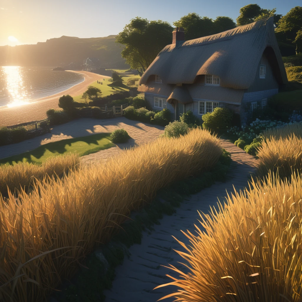 a seaside thatched cottage, golden hour sunlight, long shadows, highly detailed, photorealistic, 8k, masterpiece, dramatic lighting, atmospheric, serene, tranquil, coastal landscape, idyllic, picturesque, beautiful, serene, captivating, stunning, awe-inspiring