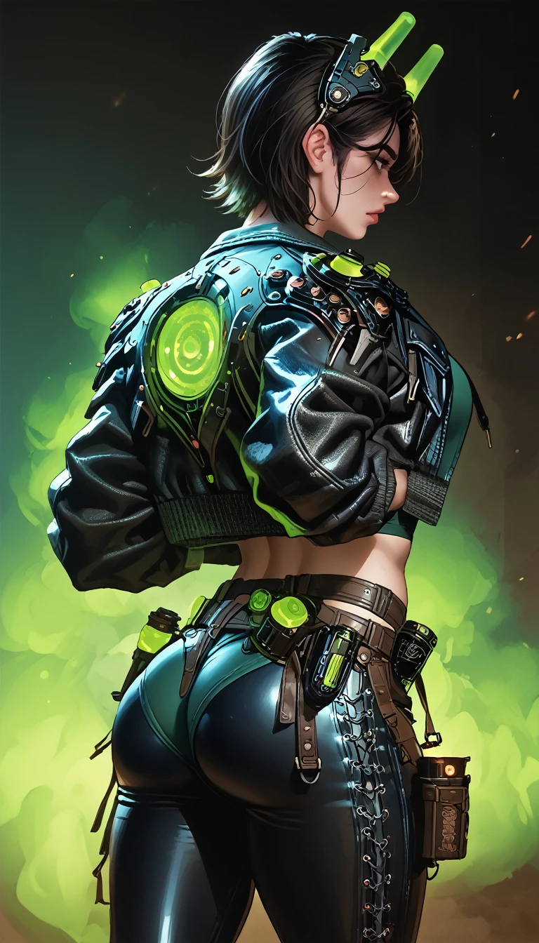 Freyna, 1 woman, short black hair, medium breasts, green top, black cropped jacket, black tight leather pants, blue tight track shorts, big ass, fit toned body, holsters, belts, front view, headgear,gradient clothes,techwear,trimmed clothes,neon glowing