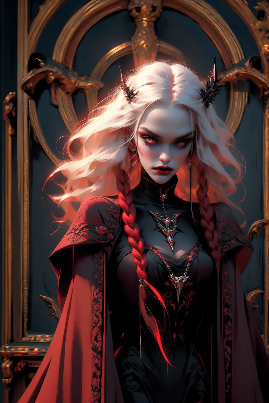 Beautiful vampire woman , very long white hair ,red golden eyes , black gown , black victorian dress , piercing look and red lipstick