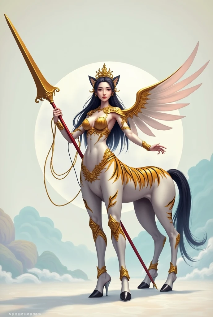 A female centaur，She is famous in the multiverse，She is both a female centaur, half human, half horse, half horse，It is also a female Yingzhao，Her image blends，The head, neck and shoulders of the horse are transformed into beautiful female humans, females, half-centaurs, half-horses, half-humans, half-humans, and human human upper bodies，and a chimera of a female half-horse with a beauty in the female body of the horse's belly，It's like a female human wearing a half-horse-like costume and making a seamless chimera，This chimerization is based on powerful futuristic technology。The ultra-wide-angle lens captures the image of her sleek and ethereal wings charging and leaping on the ionosphere。Her front half is a tall, sexy body with obvious feminine characteristics，Has K cup teardrop-shaped giant tit chest，Small man-waisted butterflies span long legs，The half-horse of the back half of the body is embedded in the front half of the body at the hip position，The horse-shaped half-horse torso form of the back half of the body is completely female and humanized，From the upper end of the sternum, the sexy bent dog style shape of the chest cavity embedded in the lower back position of the beauty body is placed transversely，Then there are the sexy beauty's horizontal waist and abdomen and straight hips，Her entire body has been completely feminized，Includes the half-horse part of the hind body，Mechanized armor covers the knee-shaped anti-joints and feet，And these parts are highly anthropomorphic，This gives her legs a graceful and slender line，She has four slender legs like a supermodel，Under the legs are skinny white feet dressed in Skyscraper Heels，Use Midjourney's advanced stroke tools and color palettes, as well as texture packs, model packs, and texture tools，Concentration，Femaleize all parts of her original equine physiologic appearance，And give these parts an ergonomic appearance，Finely treat the details of tight connections on the structure of the chest, abdominal cavity a