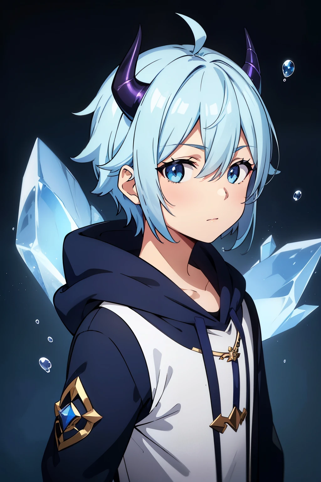 (high-quality, breathtaking),(expressive eyes, perfect face) 1boy, male, solo, kid, 10yr old, short height, Symmetrical Eyes, portrait, blue hair, blue eye color, medium hair length, neutral expression, soft smile, black hoodie, white and purple jumper, fantasy attire, adventurer profession, blue sky, ice theme, dragon horns, ice shards, bubbles, blue with purple tip horns,
