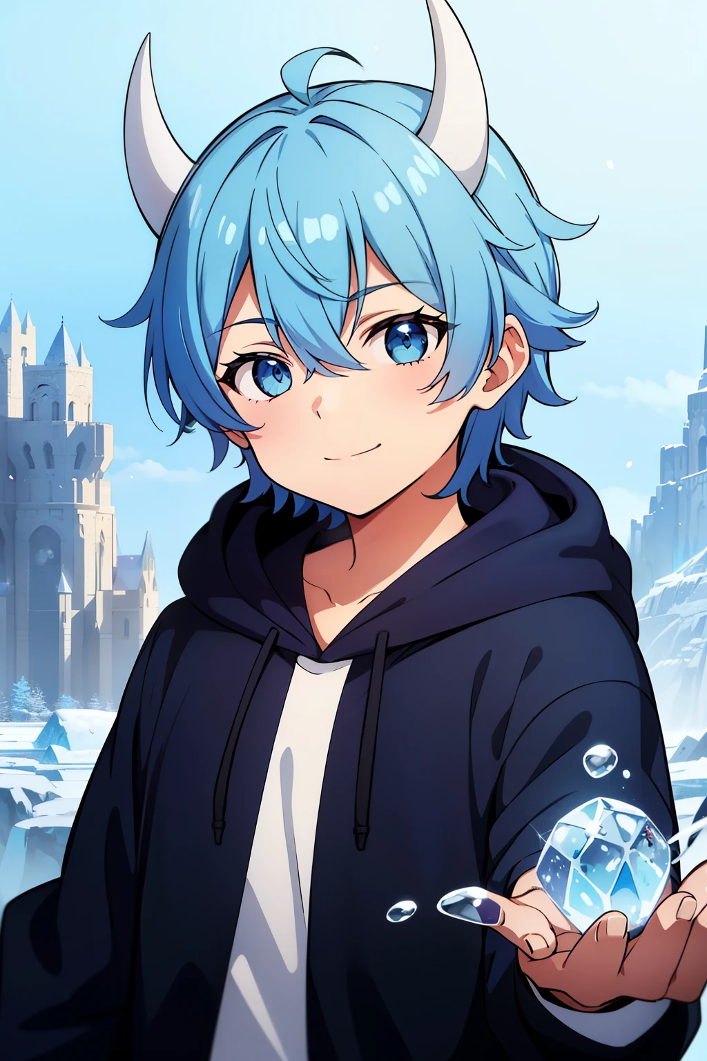 (high-quality, breathtaking),(expressive eyes, perfect face) 1boy, male, solo, kid, 10yr old, short height, Symmetrical Eyes, portrait, blue hair, blue eye color, medium hair length, positive expression, cute smile, black hoodie, white and purple jumper, fantasy attire, adventurer profession, blue sky, ice theme, dragon horns, ice shards, bubbles, blue with purple tip horns,
