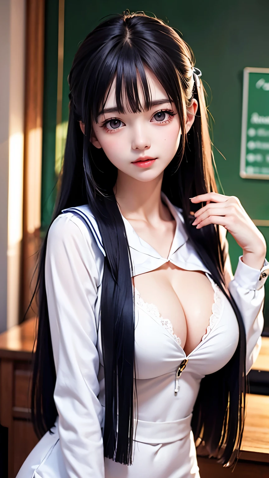 one girl, (((Open your mouth)))、Maid、Beautiful breasts、 Brown eyes, ((Gal Hairstyles)) Black Hair、girl, (Eye and facial details:1.0), break, (masterpiece, Highest quality, Very detailed, Detailed face, 8k)