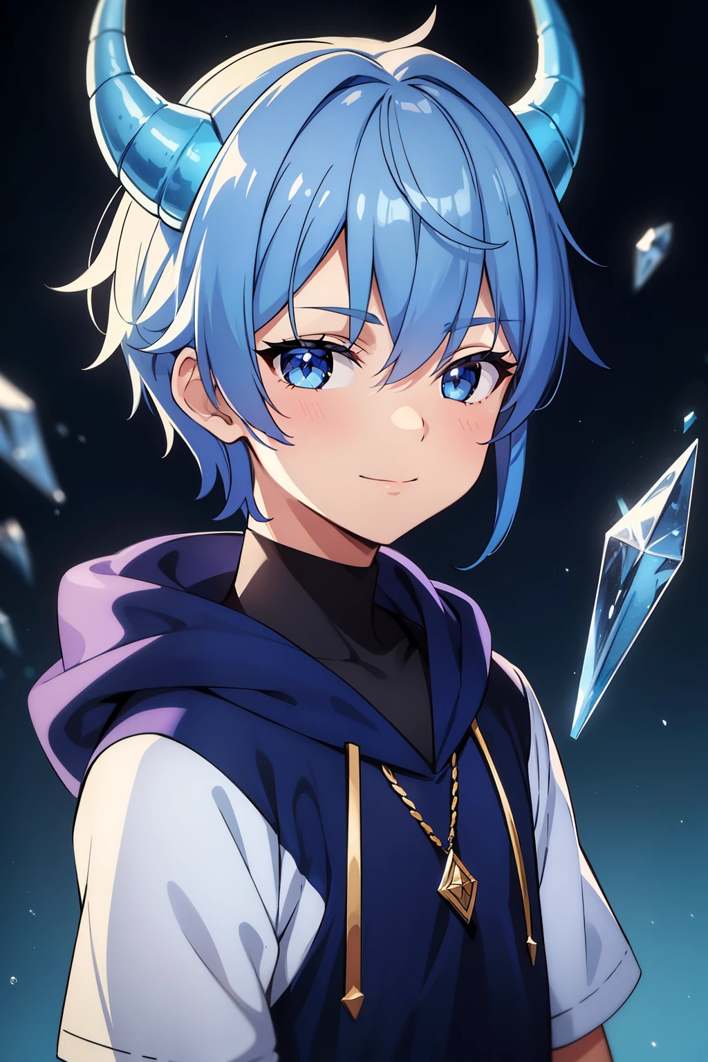 (high-quality, breathtaking),(expressive eyes, perfect face) 1boy, male, solo, kid, 10yr old, short height, Symmetrical Eyes, portrait, blue hair, blue eye color, medium hair length, positive expression, cute smile, black hoodie, white and purple jumper, fantasy attire, adventurer profession, blue sky, ice theme, dragon horns, ice shards, bubbles, blue with purple tip horns,
