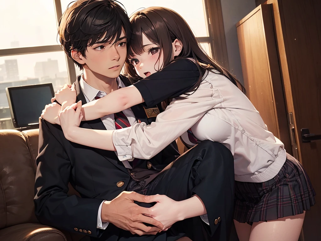 Anime couple in uniform hugging each other in front of the blackboard, Makoto Shinkai and Artgerm, Realistic schoolgirl, Surrealism female students, Surrealism female students, sakimichan and makoto shinkai, Digital anime illustration, Detailed digital anime art, WLOP and Sakimichan, sakimi chan