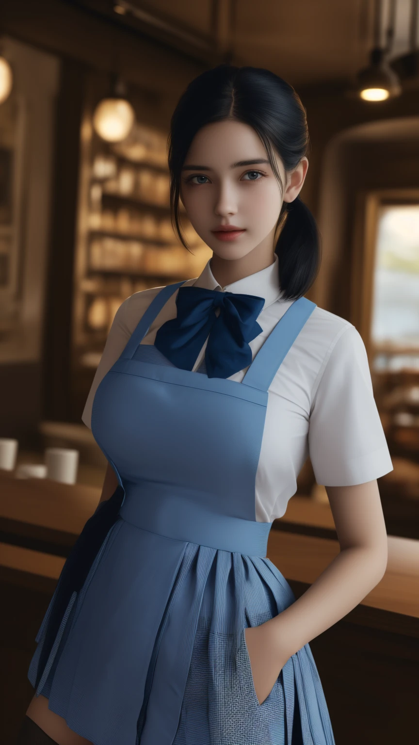 (2 woman ), ((extremely detailed 8k illustration)), highres, (extremely detailed and beautiful), ultra detailed painting, professional illustrasion, Ultra-precise depiction, Ultra-detailed depiction, (beautiful and aesthetic:1.2), HDR, (depth of field:1.4), professional illustrasion, 
A coffee shop in the cooler fall weather., 
Today, too, I enter the store in search of my morning cup of coffee., 
A girl in a uniform welcomes me again today., 
(girl), (age), (highly detailed beautiful face and eyes,big breasts firm breasts), oily skin, ((black hair,black eyes,short bob with short pony tail hair)), thin pubic hair, cute, lovely, , (kobeya uniform:1.3), (gingham-check suspender-apron:1.3), (solid-blue high-waist skirt:1.3), (apron over skirt:1.2), (white blouse:1.3), (double-breasted,underbust:1.2), short sleeves, button gap, (solid-blue bow-tie:1.2), smile, looking at viewer,