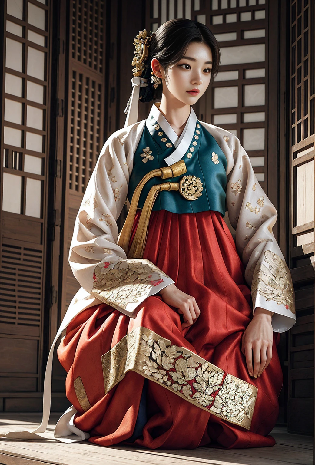 (masterpiece), (Detailed illustrations), best quality, illustration, (intricate details), (Korean style, As realistic as a photo: 1.37), illustration, Very delicate and beautiful, very detailed, 8K wallpapers, amazing, delicate details, high resolution, very detailed eyes and face, Full body front view, (Looking for viewers:1.4), Korean style 한옥, Traditional Korean House, Korean woman, girl wearing hanbok, (20 years old), pale skin, A gold hairpin on a side ponytail with black hair, headdress, earring, Flower pattern, Summer hanbok made of thin material, Wearing a wide, fluffy hanbok skirt, sit with one knee raised. beautiful, The rich, colorful colors and classic, highly detailed expressions of traditional Korean costumes,