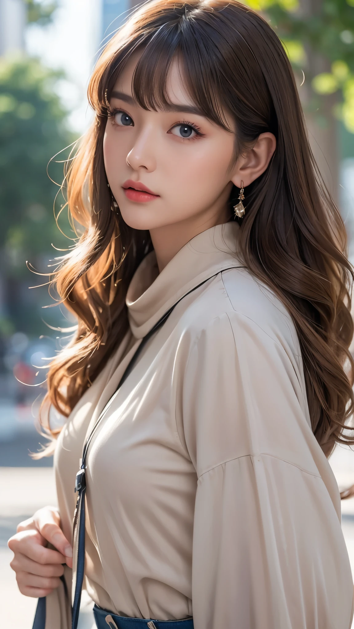 (Flying debris, Highest quality、High resolution:1.4、Very attractive beauty、Add strong highlights to the eyes、Look closely at the camera:1.4、A charming beautiful woman、Ideal ratio body proportions、Perfect Anatomy、Wavy Long Hair、Shiny Hair、bangs:1.4、光沢のあるbangs:1.4、Lip gloss),1 girl, light brown Shiny Hair, Scarf genuine、Please tilt your head a little, Bright colored crystal light blue eyes, shiny shorthair、 chestの中央に穴の開いた白いタートルネックの衣装、丈が短くサイズがbigTシャツ、Wide pants with suspenders、 lips, Lip gloss, Upper Body、Big eyes、eyelash、Face is a little red、I'It'Embarrassing)、((White mortar mural background))、((short hair with Big eyess、Give students a very strong highlight、{Hugeな|big chest|Hugeなな|Mega} generally small chest:1.6、very big chestger generally small chest、Looking at the audience、Very beautiful beauty、Stick out your ears、Long neck、smile、smile、Happy、Beautiful Teeth、口を開いてsmile、Heart shaped eyes))、2、Very cute supermodel、bangs:2、{Huge|big|Hugeな|Mega} chest, chestの谷間