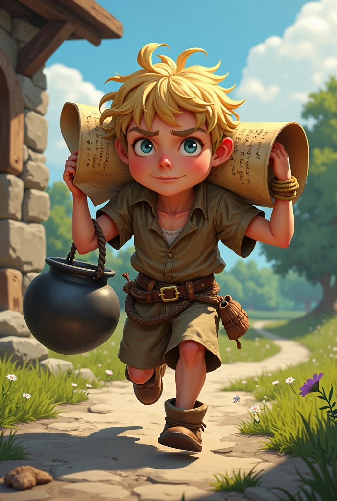 David boy, young man, shepherd, child, happy, adventurous, brave, explorer, slightly curly blond hair, blue eyes, adventurer outfit, surprised, finding treasure map, green hills landscape, children's cartoon, drawn on a simple style for children , a white background
