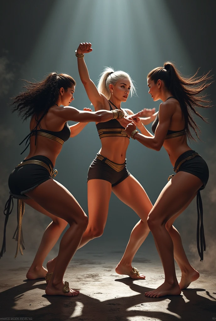 Two girls dressed in very short battle outfits. One was defeated and is lying on the ground with a pained facial expression.. The other one is standing on the belly of the one who was defeated.