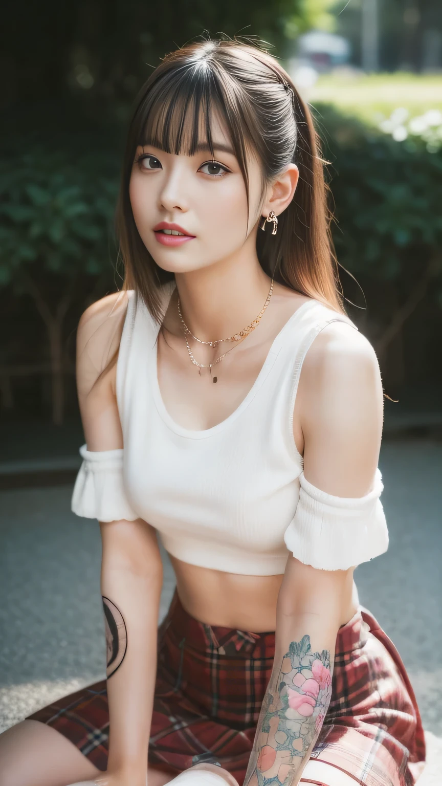 Best quality, masterpiece, super high resolution, (realistic: 1.4), original photo, (evening street), 1 girl, black eyes, looking at the audience, long hair, light makeup, lips, small ears, white t-shirt, denim shorts, earrings, sitting Ferrari, big breasts, slim