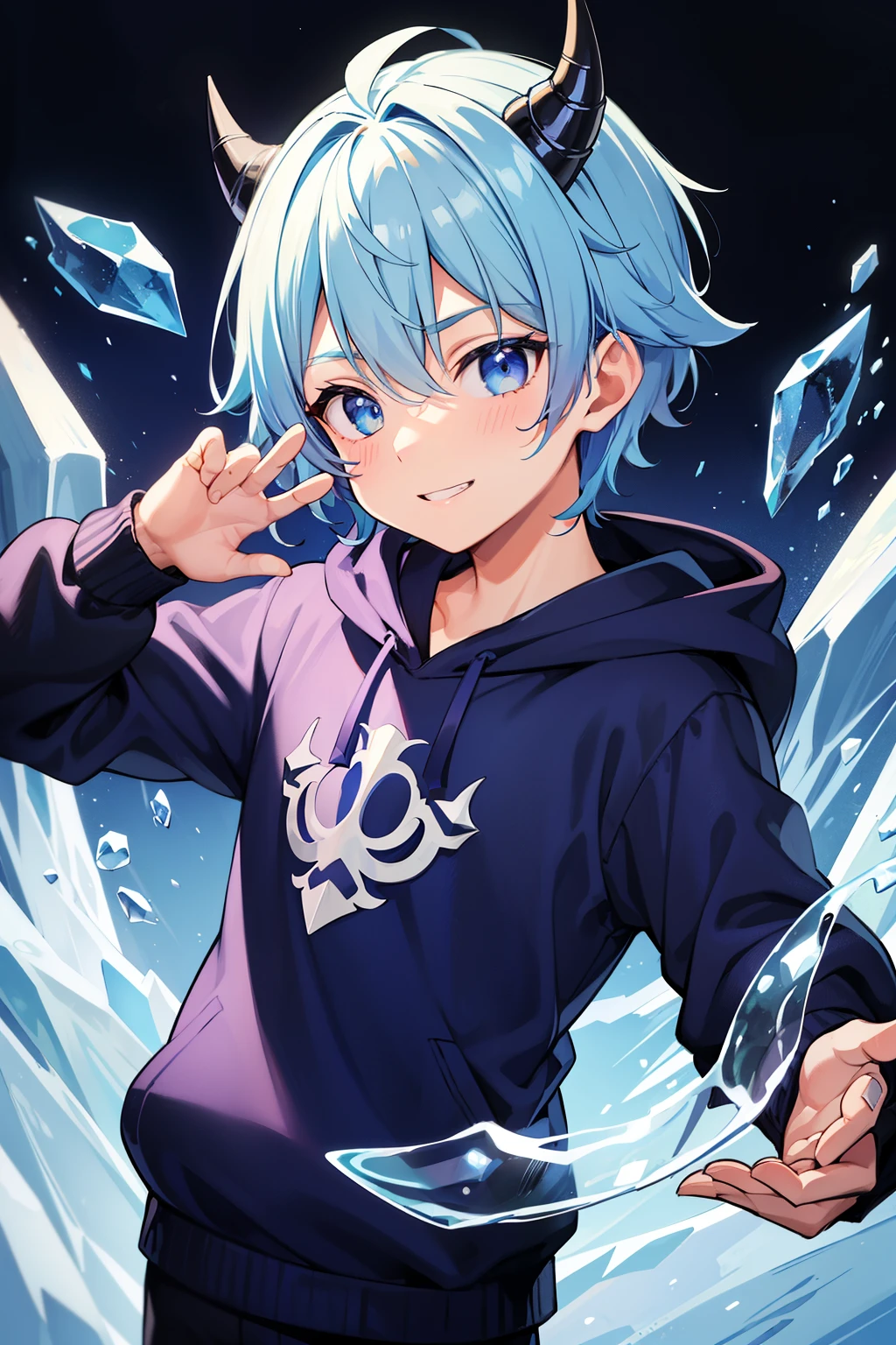 (high-quality, breathtaking),(expressive eyes, perfect face) 1boy, male, solo, kid, 10yr old, short height, Symmetrical Eyes, portrait, blue hair, blue eye color, medium hair length, positive expression, cute smile, black hoodie, white and purple jumper, fantasy attire, blue sky, ice theme, snowflakes, dragon horns, ice shards, bubbles, gradient blue with purple tip horns,
