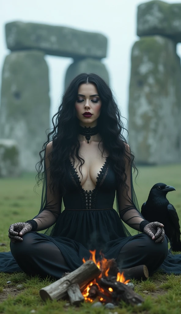 In the mysterious forest、Sexy female Grim Reaper wearing a black feathery cape、Sitting quietly。She was wearing a low-cut black dress.、Dark lipstick accentuates her lips。Her long black hair flows down her back、Violet eyes engrossed in deep meditation。There is a faint mist all around、Dark Forest Tree々The moonlight shines through。She has a small hourglass in her hand、It symbolizes the passage of time。Aiming for realistic depictions、The photo is in the highest resolution(8k)Please。