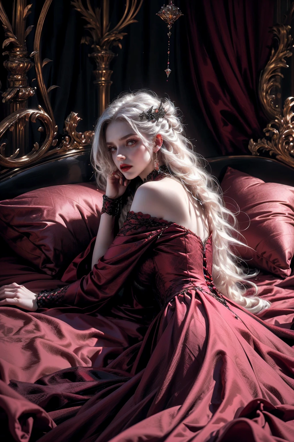 Beautiful vampire woman ,pale skin, very long white hair ,red golden eyes , black gown , black victorian dress , piercing look and red lipstick, laying on the bed