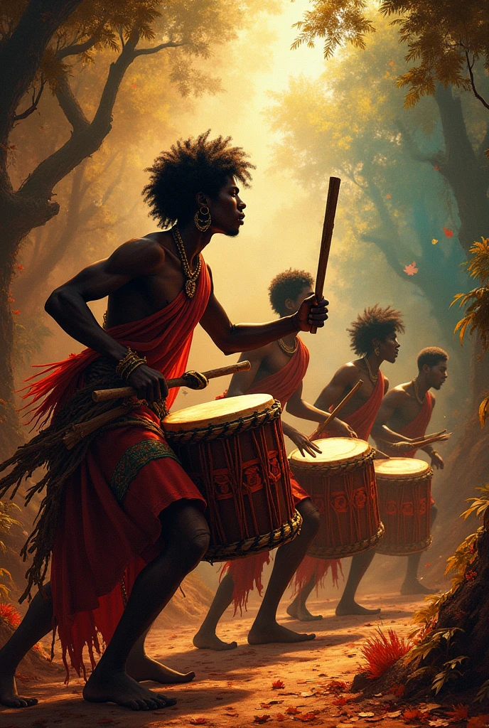 african tribal music jam with people in the middle of a waterfall, biblical creatures