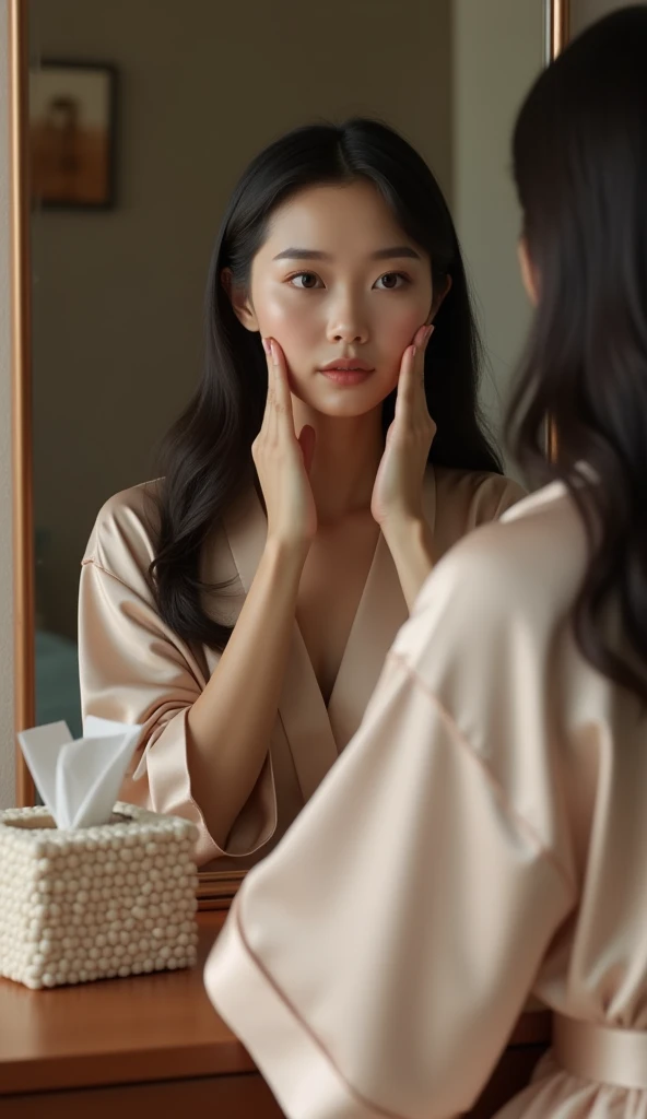 Create an Asian beauty，Wearing a white silk satin bathrobe with a mid collar，Proud and voluptuous figure，Scratching the scalp with both hands，There is a lot of dandruff on the top of the head，The expression is hideous，Look in the mirror，The characters are realistic and realistic，Bathroom Background，9:16 frames，Ultra-high-definition picture quality
