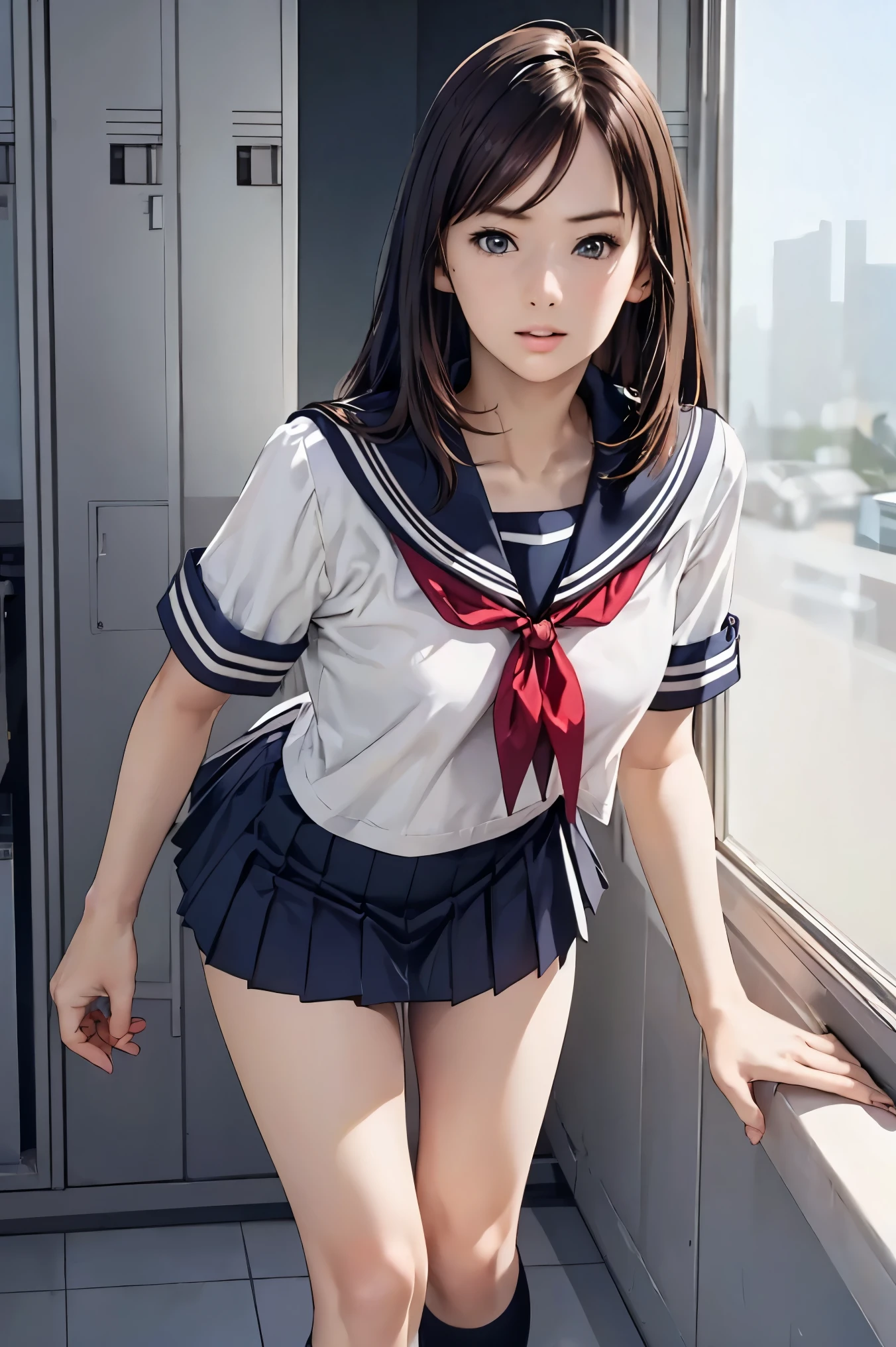 (((Perfect Anatomy, Anatomically correct, Very detailed肌))), 1 girl, Japanese, high School girl, Glowing Skin,  
Detailed Hair, Detailed face, Detailed eyes, (Long Hair:1.4, Straight hair:1.7), Parted bangs:1.5, Light brown hair, blue eyes, Baby Face, Mole under the eye, 
Beautiful clavicle, Beautiful body, Beautiful breasts, Large Breasts:0.5, Beautiful thighs, Beautiful feet, Camel Toe, 
((Detailed cloth texture, Short sleeve, Cute sailor uniform, all in dark blue, Dark blue pleated skirt, Navy blue sailor color, Sailor scarf, socks, Brown Loafers)), Captivating thighs, 
((Embarrassing, Scared, Mouth half open)), Are standing,, Take off, Pull on white panties)), 
(Beautiful views), summer, School, locker room, 
8k, Highest quality, Masterpiece​:1.2, Very detailed), (Realistic), Beautiful illustrations, Cinema Lighting,