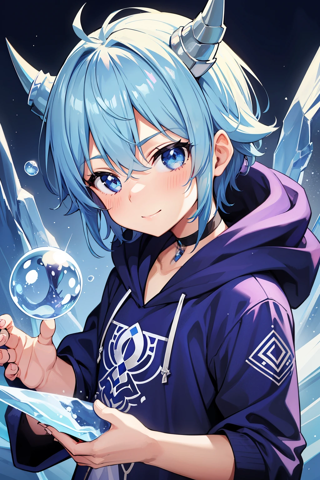 (high-quality, breathtaking),(expressive eyes, perfect face) 1boy, male, solo, kid, 10yr old, short height, Symmetrical Eyes, portrait, blue hair, blue eye color, medium hair length, positive expression, cute smile, black hoodie, white and purple clothes, fantasy attire, blue sky, ice theme, snowflakes, dragon horns, ice shards, bubbles, gradient blue with purple tip horns,
