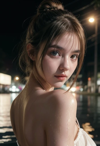 Young Korean Woman standing, topless ((on city street)), ((barefoot)), black micro thing, blonde short hair, slim build, late night, dark, busy street, cinematic, neon light, masterpiece,  best quality, RAW photo, full body, photorealistic, ((looking at viewer)), beautiful realistic photo, hyperrealistic fantasy photo, shallow depth of field, 8k, ultra detailed, detailed skin, green eyes, freckles, ((drenched)), ((soaked)), (dripping water), wet street, wet all over, wet dripping hair, pov, (posing for photo) portrait, close-up, bottom angle, mist