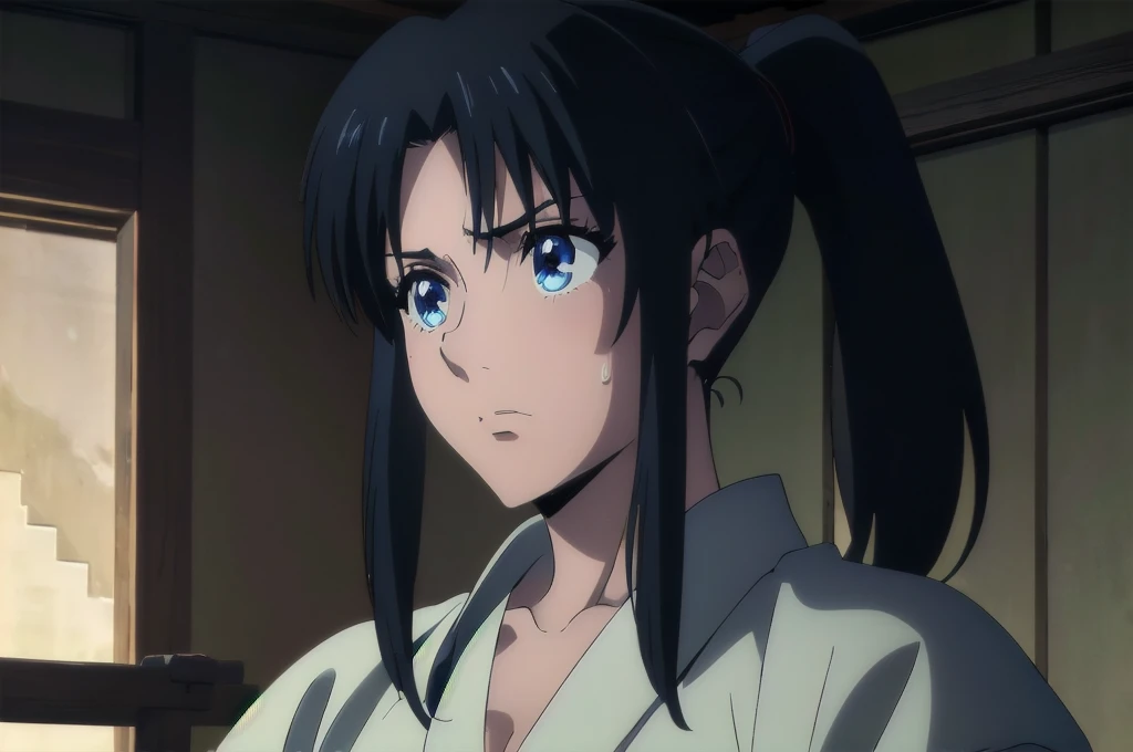 (((Chest Sarashi、NSFW、Big Boobs、belly button、brown hakama)))、highest quality, High resolution、big breasts、sad expression、NSFW、white breath、A shy look、shame、humiliating、anger、regrettable、blush、full of sweat、white skin、((brown hakama))Black hair elastic、Kaoru、brown hakama、kimono、 Blue eyes, black hair, ponytail , Bandaged, sarashi, chest Sarashi, Hadhanungi Dusa, back, skirt, BREAK looking at viewer, BREAK outdoors, BREAK (table top:1.2), (Beautiful detaileded eyes:1.6), extra detaileded face, perfect lighting, (perfect hands, perfect anatomy)、mature woman、Big Areola、(masterpiece、highest quality)、 Super high resolution, (realistic:1.4),(Realistic like the photo:1.4)、 (Super high resolution:1.2), High resolution、A perfect masterpiece, highest quality, be familiar with, soft dim lighting, addition_detailed, good lighting、A highly detaileded、Highly detaileded CG Unity 8K wallpapers、enlightenment、((beautifull detaileded face))、side lighting、((enlightenmentnbest))、Highly detaileded eyes、perfect lighting、(1 person)、solo focus、shiny skin
