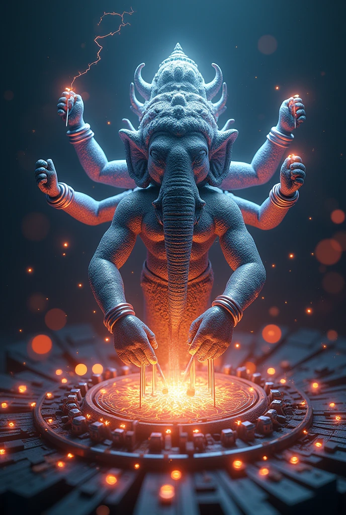  cinematic animated character art, shillouete of indian elephant headed Lord ganesh's ancient stone statue in Himalayas, strong arms, multiple hands, divine glow in background, holding a trident, strong snow Blizzard, snowfall, night sky, glowing fireflies, milkiway galaxy in background, darkness in atmosphere, colour graded, vibrant, 4khd, realism 