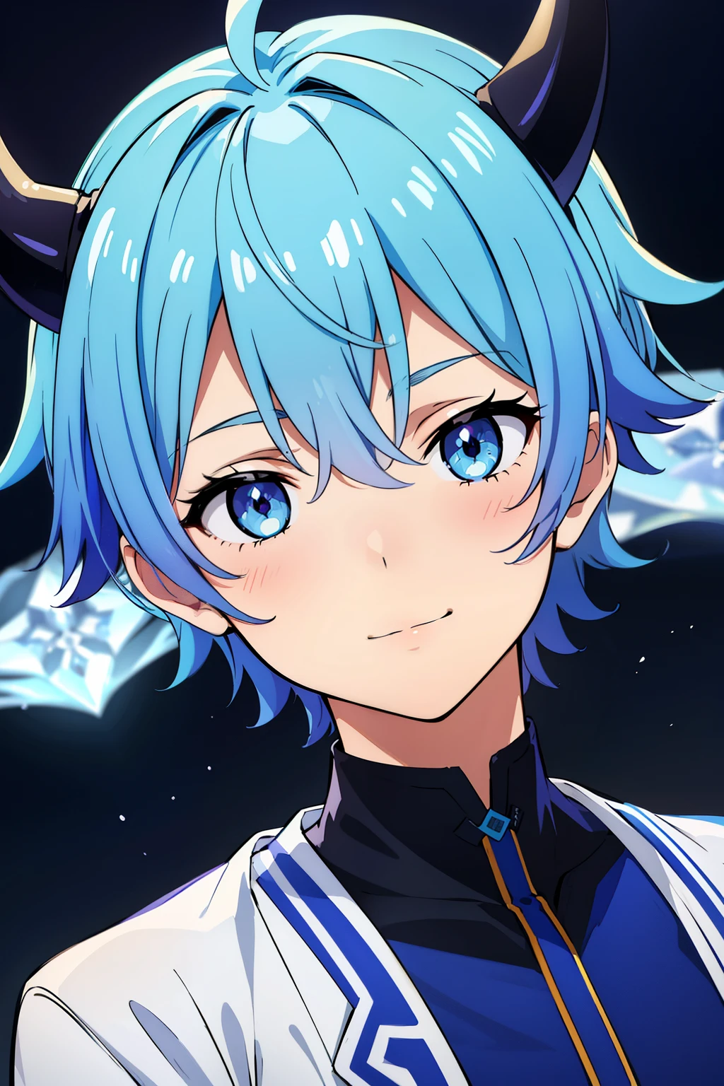 (high-quality, breathtaking),(expressive eyes, perfect face) 1boy, male, solo, kid, 10yr old, short height, Symmetrical Eyes, portrait, blue hair, blue eye color, medium hair length, positive expression, cute smile, white and purple clothes, fantasy attire, blue sky, ice theme, snowflakes, dragon horns, ice shards, bubbles, gradient blue with purple tip horns,
