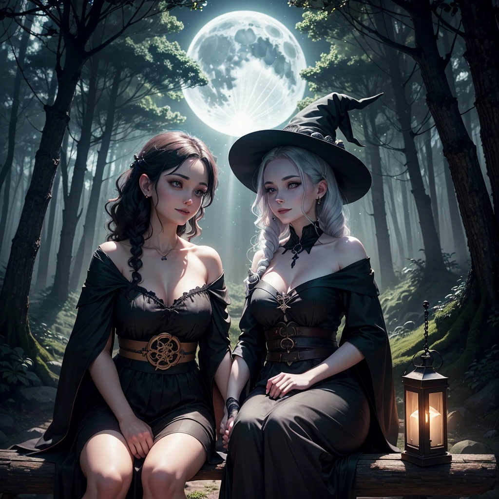 1 woman witch, happy expression, black pixie cut hair, alternative hairstyle, pale skin, delicate feminine mouth, small amber eyes, magic mushrooms on forest floor, wearing alternative dress, full moon in night sky, best quality, 8k, highres, masterpiece, ultra-detailed, photorealistic, photo-realistic, portraits, fantasy, magic, vibrant colors, cinematic lighting