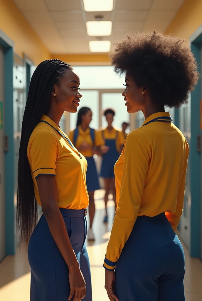 An African teenage girl with a long curly ponytail hair, looking inside a class sneakily with surprise in her expression. A cute african boy with afro haircut on a white top and black trouser hugging another African teenage girl with a long curly ponytail hair on a black skirt and white top Japanese uniform intimately.