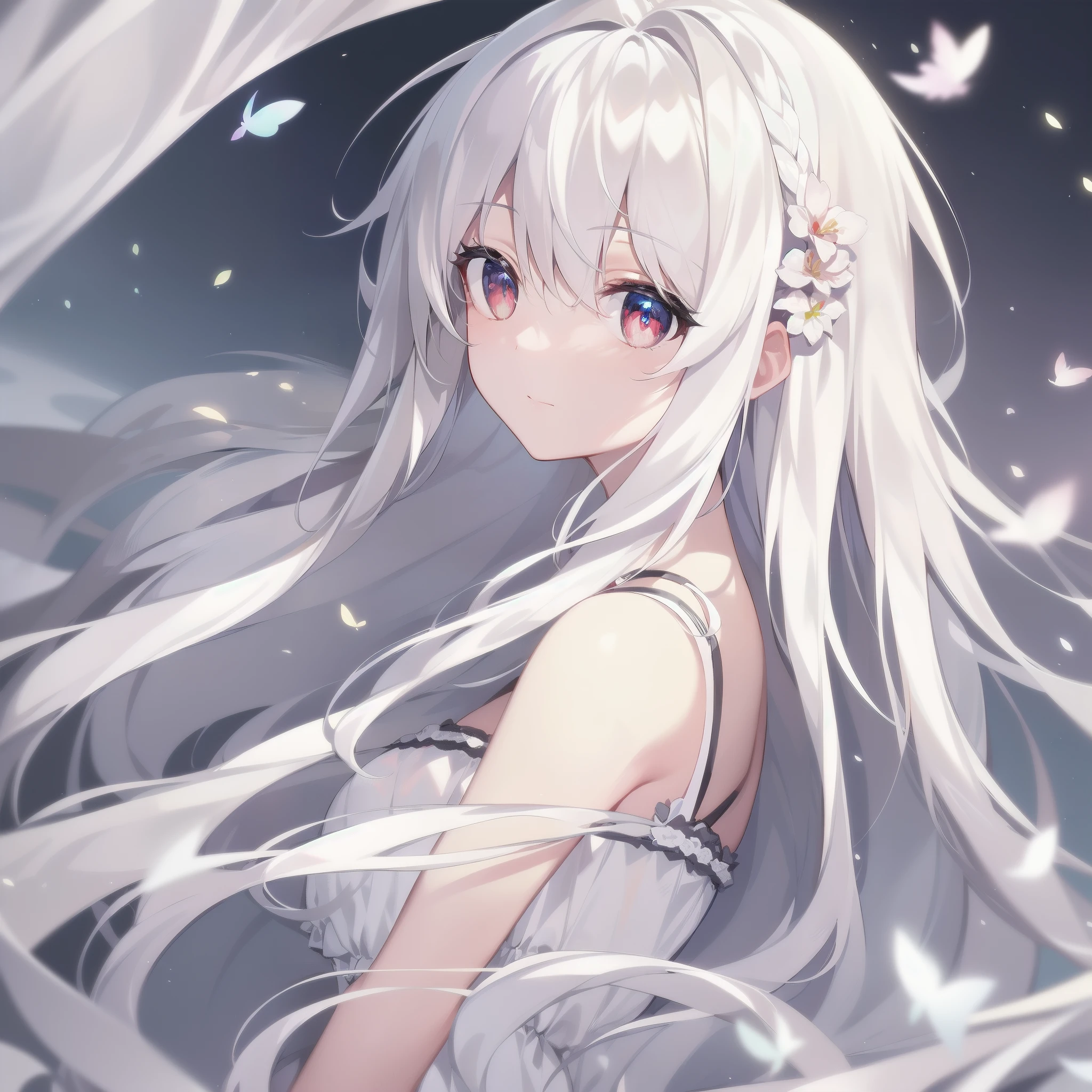 "((1 girl), (long white hair + silver hair: 1.2), (**li + beautiful clothes), beautiful perfect, white dress, pixiv goddess, seduction), (dynamic pose on the table), (cute), (unknown background), high resolution, upper body without clothes, nudity"