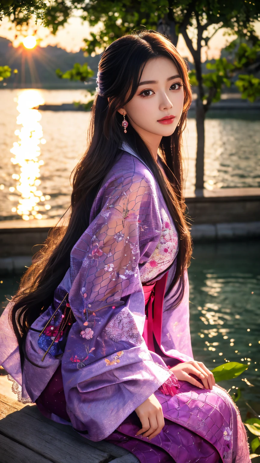 8K, UHD, masterpeiece,best quality, 1 girl, detailed face, detailed eyes, very long hair, long straight hair, small breasts, very detailed dress, kimono costume, magenta costume, ((mesh lace)), sardine, flowing sardine, jwellery, earring, ornaments, flower, evening, lake, water, sunset, depth of field, glowing light, god rays, reflection light, bloom, looking at viewer, sitting,