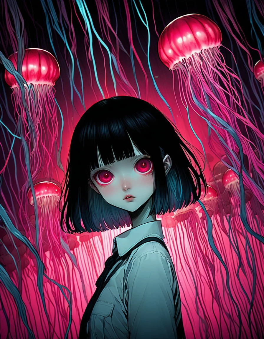 surreal horror, anime style, directed by Junji Ito, high contrast, vivid colors, eerie atmosphere, psychological tension, intricate line work, decapitated heads,electric jellyfish