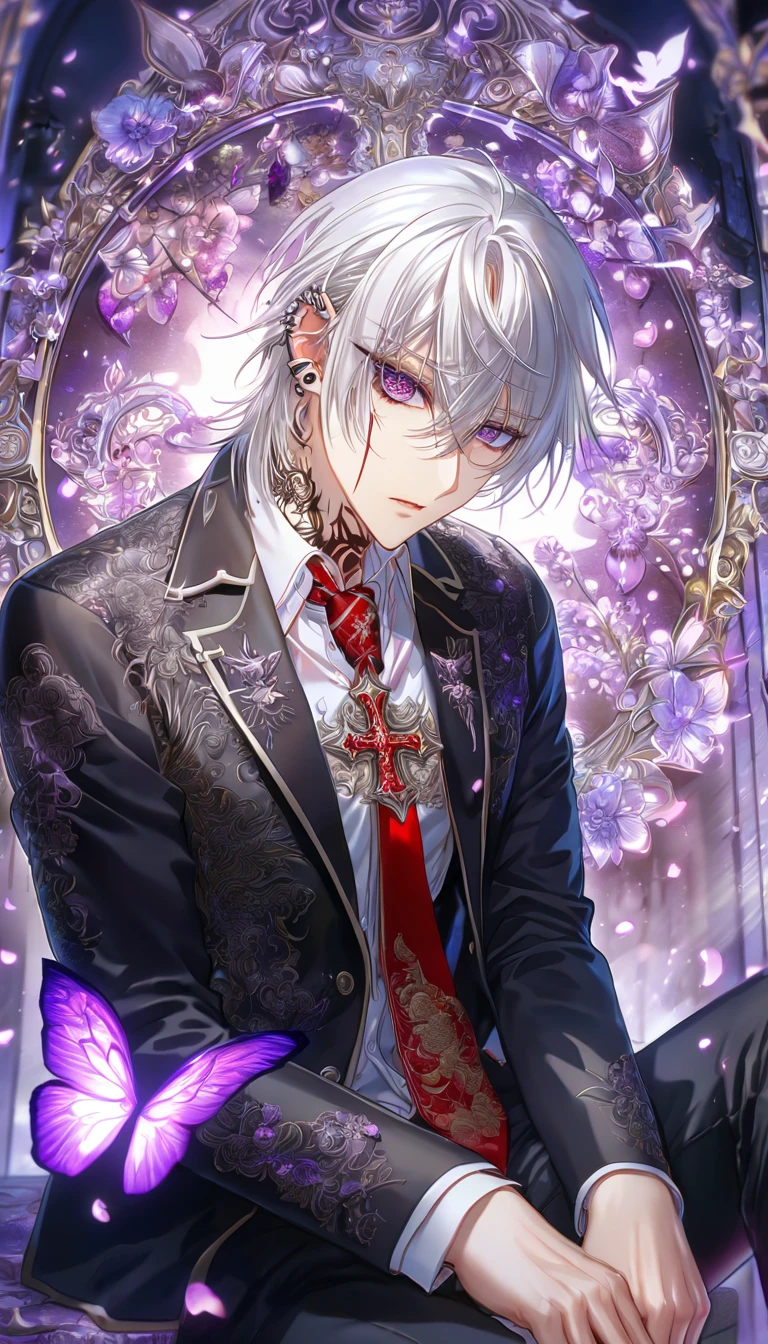 absurdres, highres, ultra detailed, HDR, master piece, best quality, Zero Kiryuu, white hair, short hair, expressive purple eyes, Vampire Knight, cross tatto on the neck, solo, sexy man, handsome, toned chest, black jacket, white shirt, red necktie, black pants, sitting, vampire knight uniform, cross, purple butterflies, petals, magical