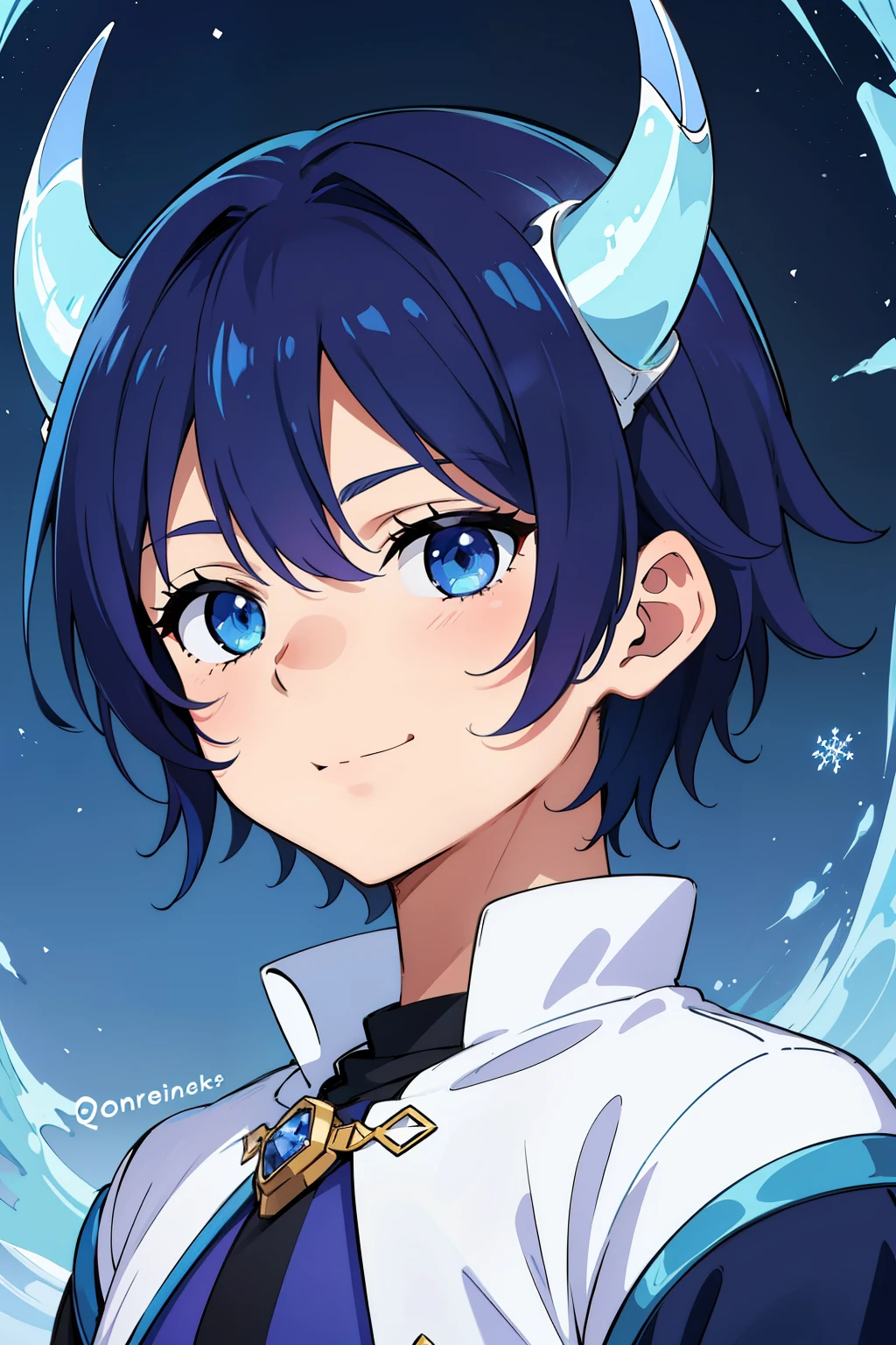 (high-quality, breathtaking),(expressive eyes, perfect face) 1boy, male, solo, kid, 10yr old, short height, Symmetrical Eyes, portrait, blue hair, blue eye color, medium hair length, positive expression, cute smile, white and purple clothes, fantasy attire, blue sky, ice theme, snowflakes, dragon horns, ice shards, bubbles, gradient blue with purple tip horns,
