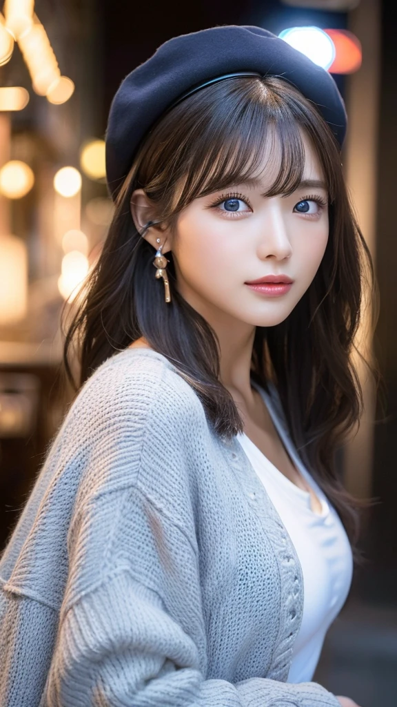 （３２hair,High resolution,Attention to detail,High resolution,high density,alone,In addition：1.3）,（A realistic person々,Live Action,fine grain,High resolutionの目,Beautiful Eyes,Eyes that look alive,Beautiful dark blue eyes,Fishing eyes,Detailed lips,Translucent white skin,Realistic face in every detail：1.3）,（Japanese Ido,hairorean Idols,Japanese Model,hairorean models,hairorean hair-Pop Female Idols：1.2）,（blush,Natural Makeup,necklace,Earrings,へそEarrings：1.4）（Shorts、Oversized mesh cardigan、Leather boots,hairnitted hats,Mode Style, Beautiful casual look：1.6）,（Shapely breasts：1.5）,（Young but very beautiful hairorean１ ,Laugh a little,turn around,looked back,Looking into the camera,Fashion Leader,Fashion Model,Soft Skin,Unforgettable Eyes,Her eyes are so beautiful,I want to go to the Paris Collection.........,Cutting-edge fashion：1.6、Left eye is red、Right eye blue、Face close-up、High resolution, masterpiece, Winner of numerous awards, Highest quality, High detail, 