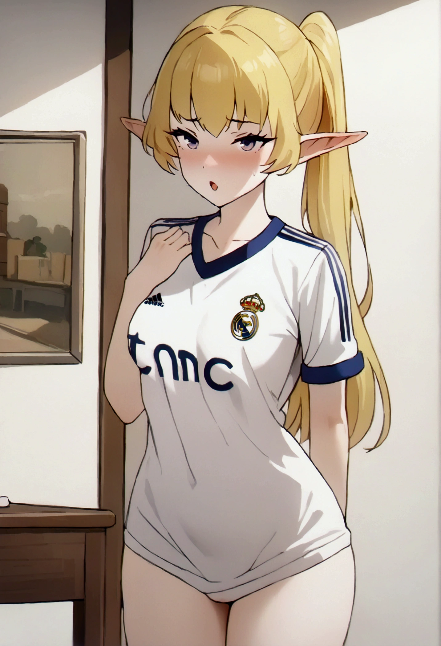 (best qualityer, work of art),sexually,  erotic, 18+, NSFW, 1 girl, 1 , dressed in the Real Madrid shirt, elf ear , 4k image quality , standing, straight posture