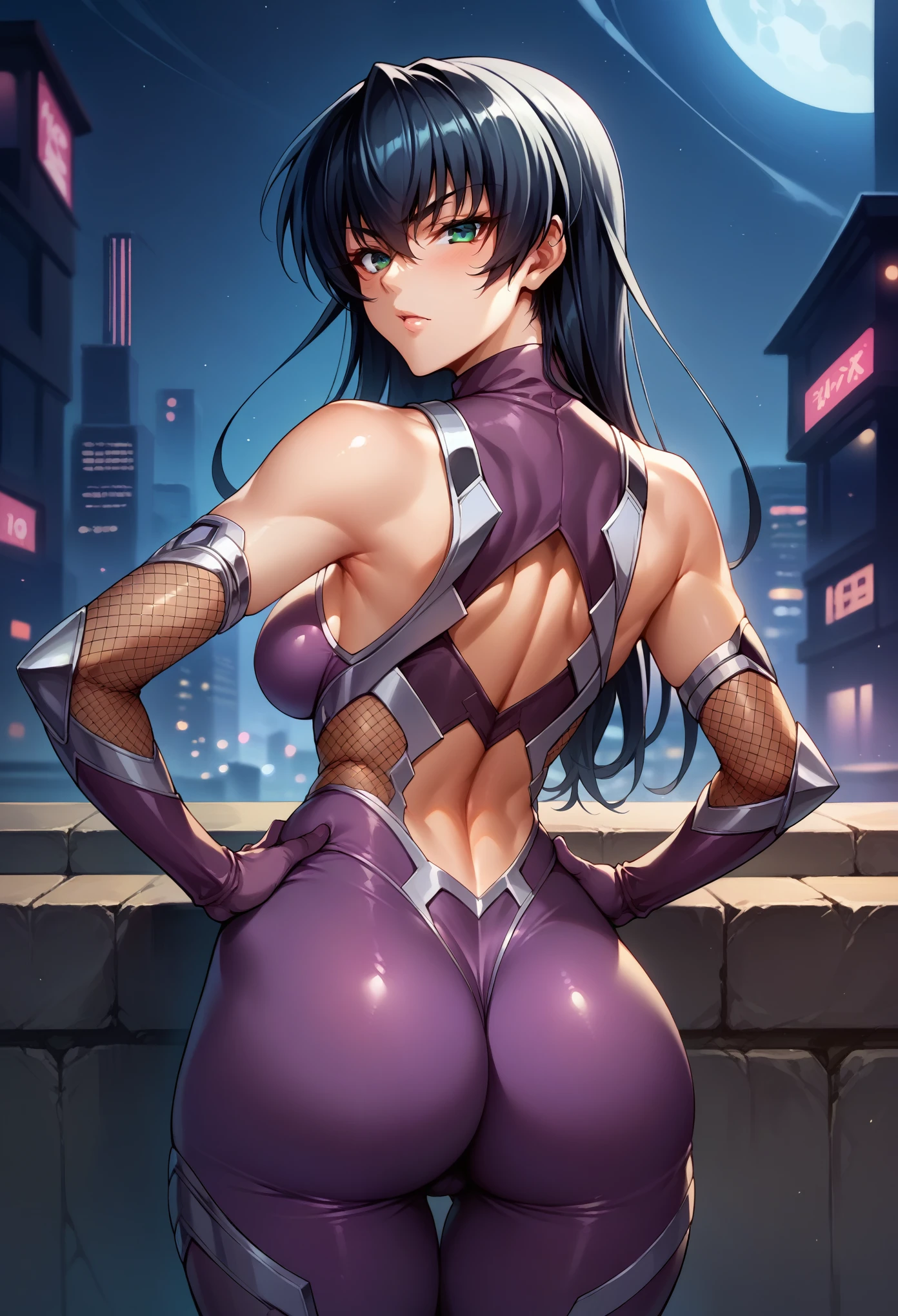 score_9, score_8_up, score_7_up, BREAK, score_9, Igawa_Asagi, hands on hip, green_eyes, blue_hair, long_hair, breasts, bare_shoulders, elbow_gloves, impossible_clothes, purple_bodysuit, fishnets, looking at viewer, cowboy shot, looking back, small ass, from behind, city, night