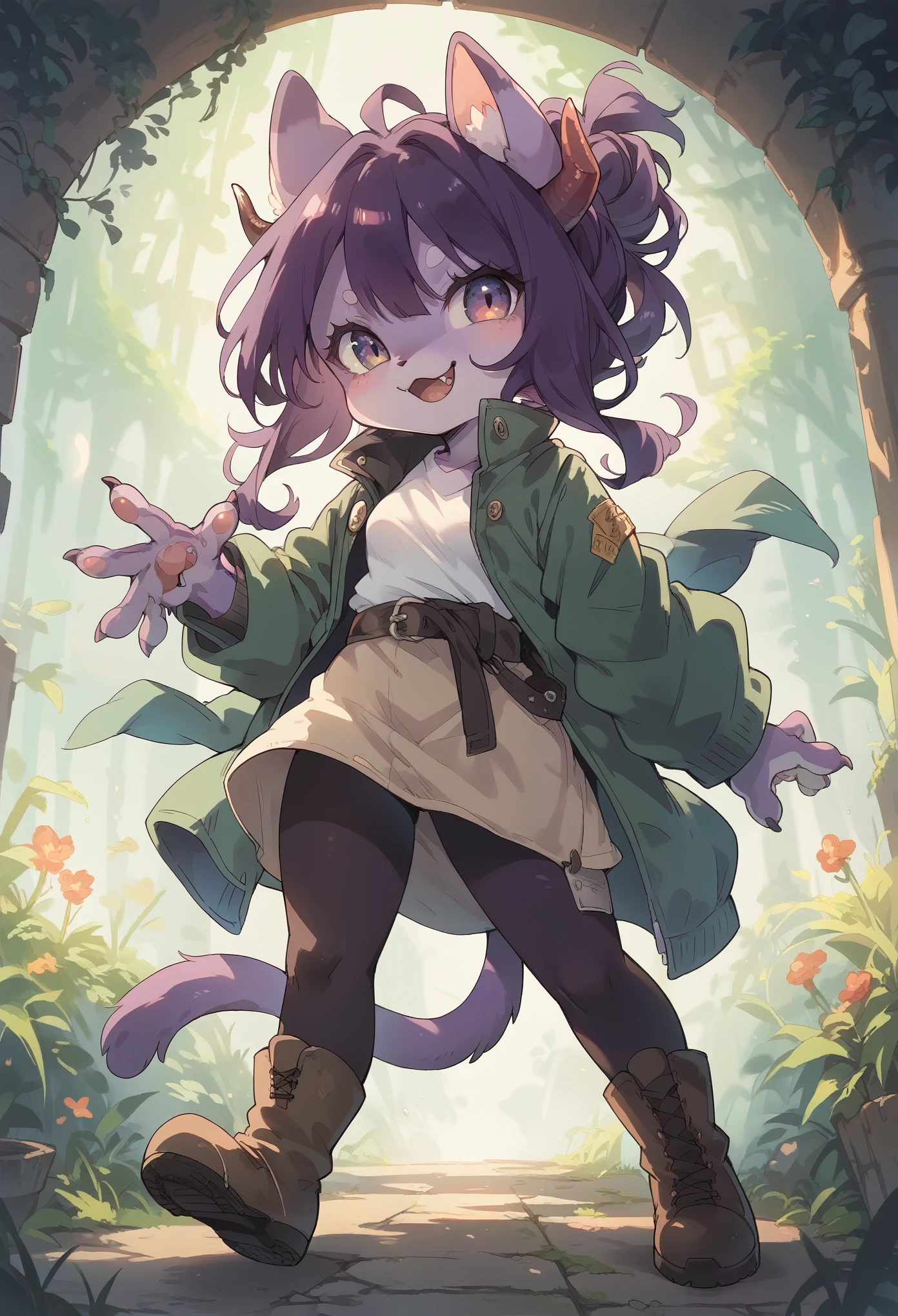 Furry cat girl, a girl, with light purple fur, a green jacket, with a belt around the waist, long brown boots, long dark purple hair, with two horns on the right side, imp tail , becoming the symbol. of peace, surprising the viewer, with a happy expression, full length