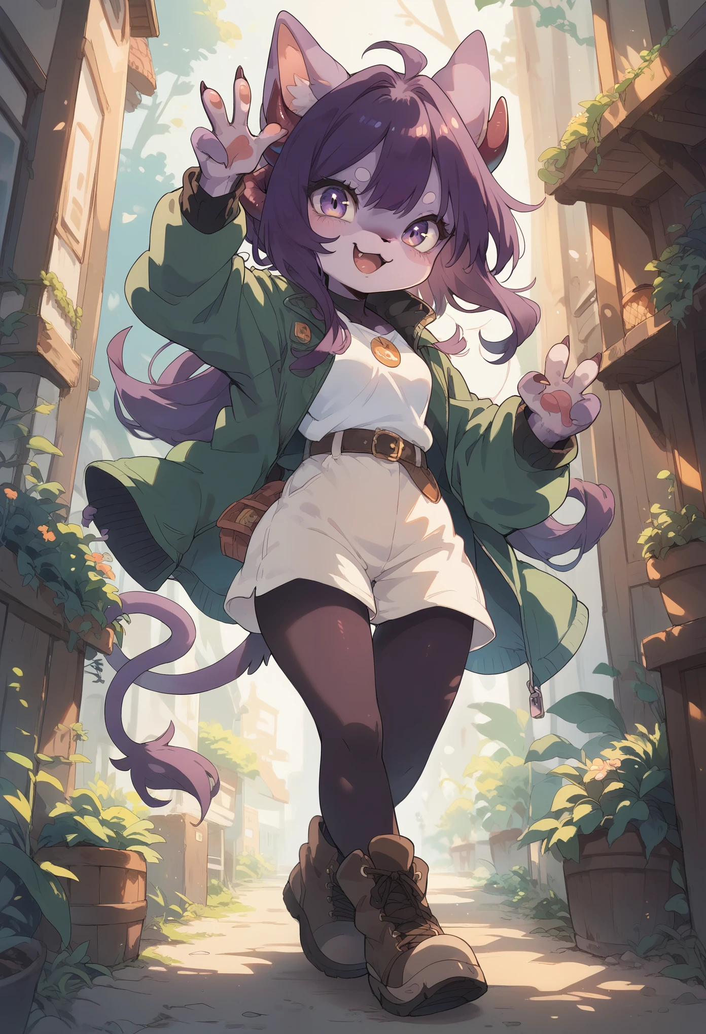 Furry cat girl, a girl, with light purple fur, a green jacket, with a belt around the waist, long brown boots, long dark purple hair, with two horns on the right side, imp tail , becoming the symbol. of peace, surprising the viewer, with a happy expression, full length