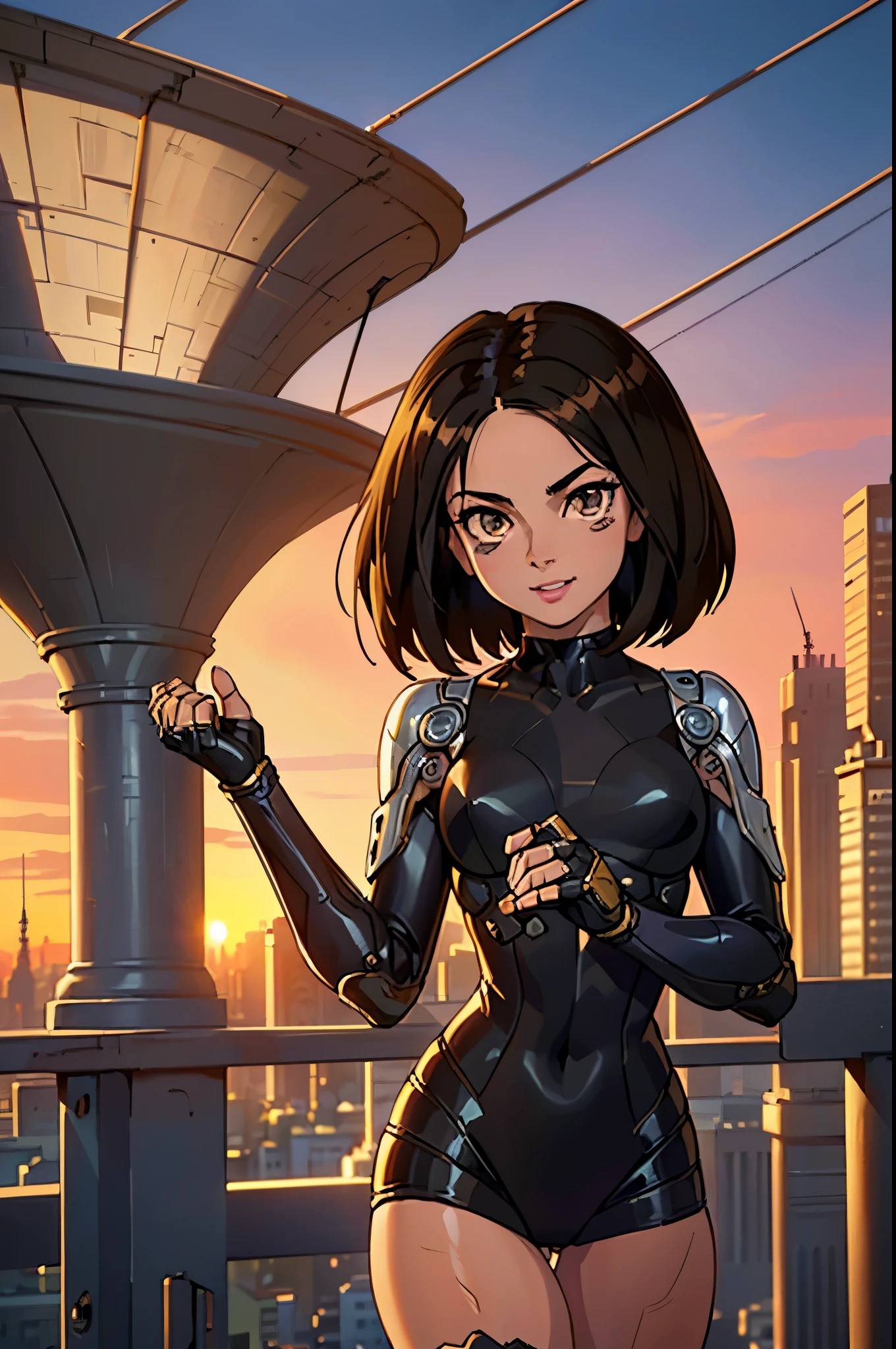 ((ultra quality)), ((Masterpiece artwork)), Alita battle angel, ((blackw, shorth hair)) (Beautiful cute face), (beautiful female lips), enchanting, ((excited expression)), looks at the camera with a gentle smile, eyes are slightly closed, (white skin color), Body shine, ((beautiful detailed female eyes)), ((lightbrown eyes)), (juicy female lips), (beautiful female hands), ((perfect female figure)), perfect female body, beautiful waist, fully body, beautiful thighs, beautiful breasts, ((subtle and beautiful)), he is, (close do rosto), (Alita costume) fund: cyberpunk city, beautiful sunset, ((Depth of field)), ((high quality clear image)), (sharp details), ((highy detailed)), realisitic, professional photo session, ((Focus Clear)), the anime