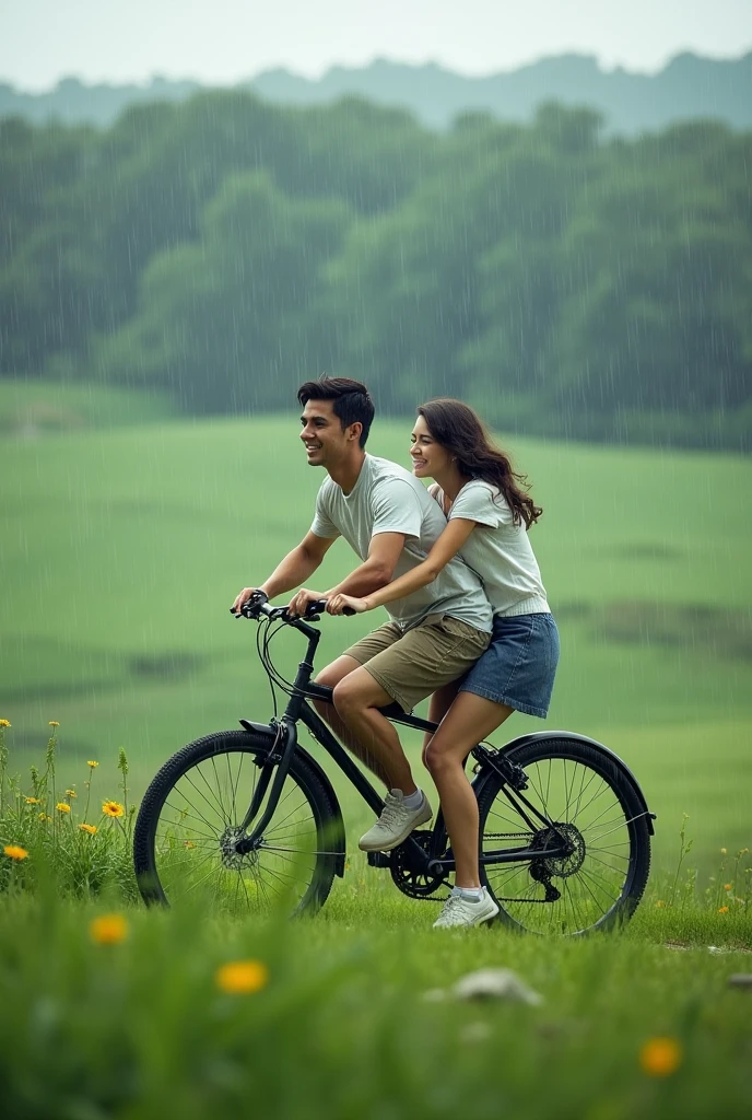 Girlfriend boyfriend bike ride with helmet in rain and nature romantic