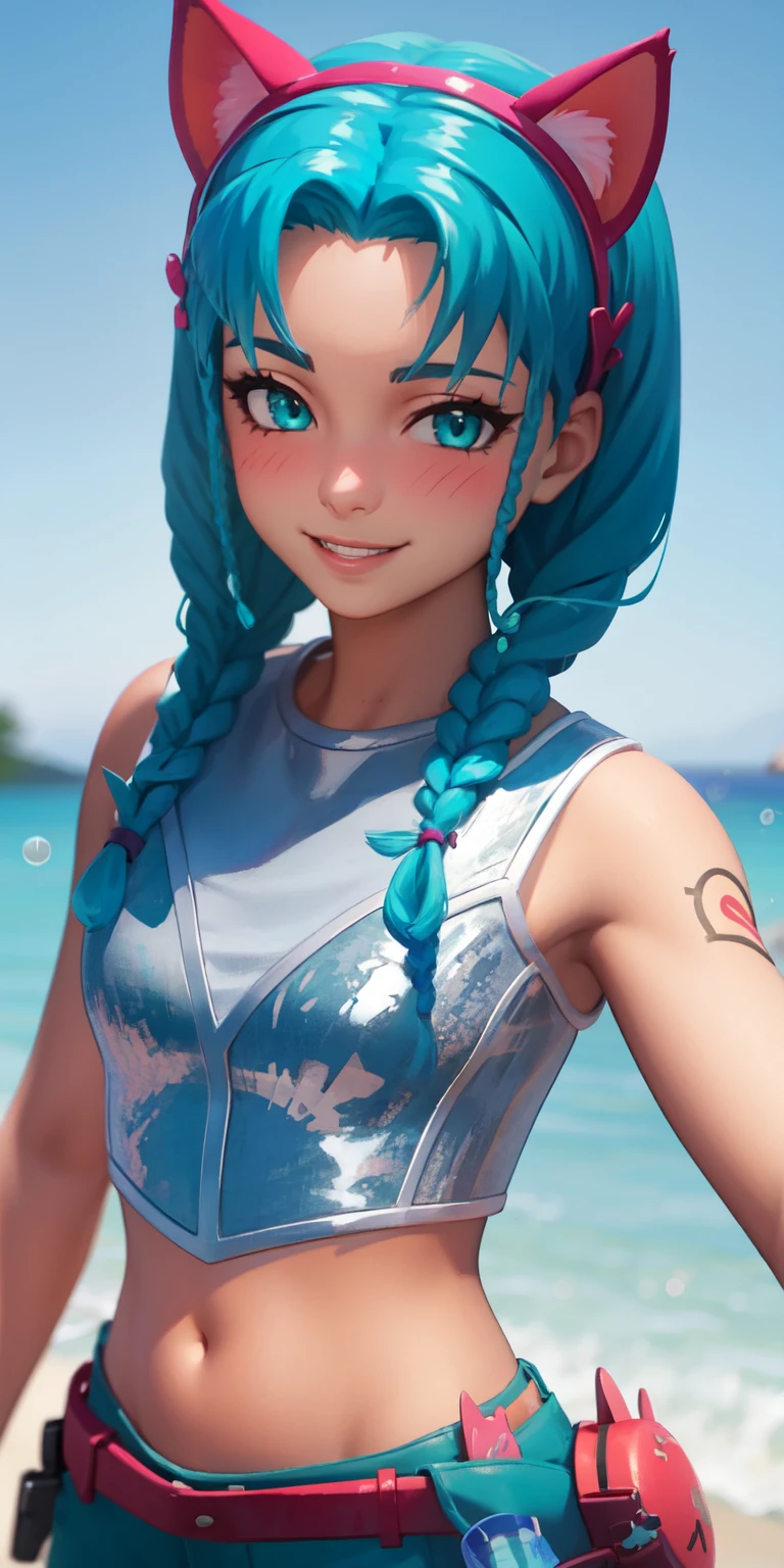 Beach background, 1girl, aqua hair, twin braids, short hair, aqua eyes, aqua eyeshadow, (blush:1.1),upper body,heart, (speed lines:1.1),medium breasts, love, navel, cat ears headband, hairband, white crop top, smile, looking at viewer