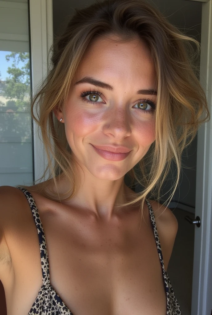 Arafed Femme portant un débardeur blanc et un collier, Fille sexy aux yeux verts, Portrait Sophie Mudd, cheveux bruns et grands yeux, selfie d'une jeune femme. Montre une vue de trois-quarts d'une combinaison d'été colorée dans une cabine d’essayage. Elle porte une combinaison à motifs floraux avec des sandales assorties. Ses cheveux bruns sont coiffés en un chignon décontracté. Sans maquillage, ses yeux verts sont brillants d'excitation. En prenant un selfie, elle se tient légèrement de côté, avec un éclairage naturel de la cabine mettant en valeur le tissu de la combinaison, et une étagère avec des accessoires en arrière-plan. Son sourire est joyeux, capturant l'essai réussi de la combinaison estivale.