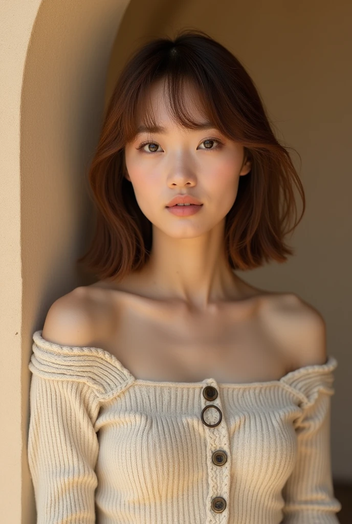 beautiful japanese woman、1 person,very pretty and slim、outstanding style 、((8K image、super high quality))、very delicate face, skin and hair、short hair、straggling hair,(((((gradation hair、blonde))))),Very cute Japanese cut face、Eyes and nose are clearly visible、gentle eyes,(((off shoulder sweater、simple background、looking at the viewer)))