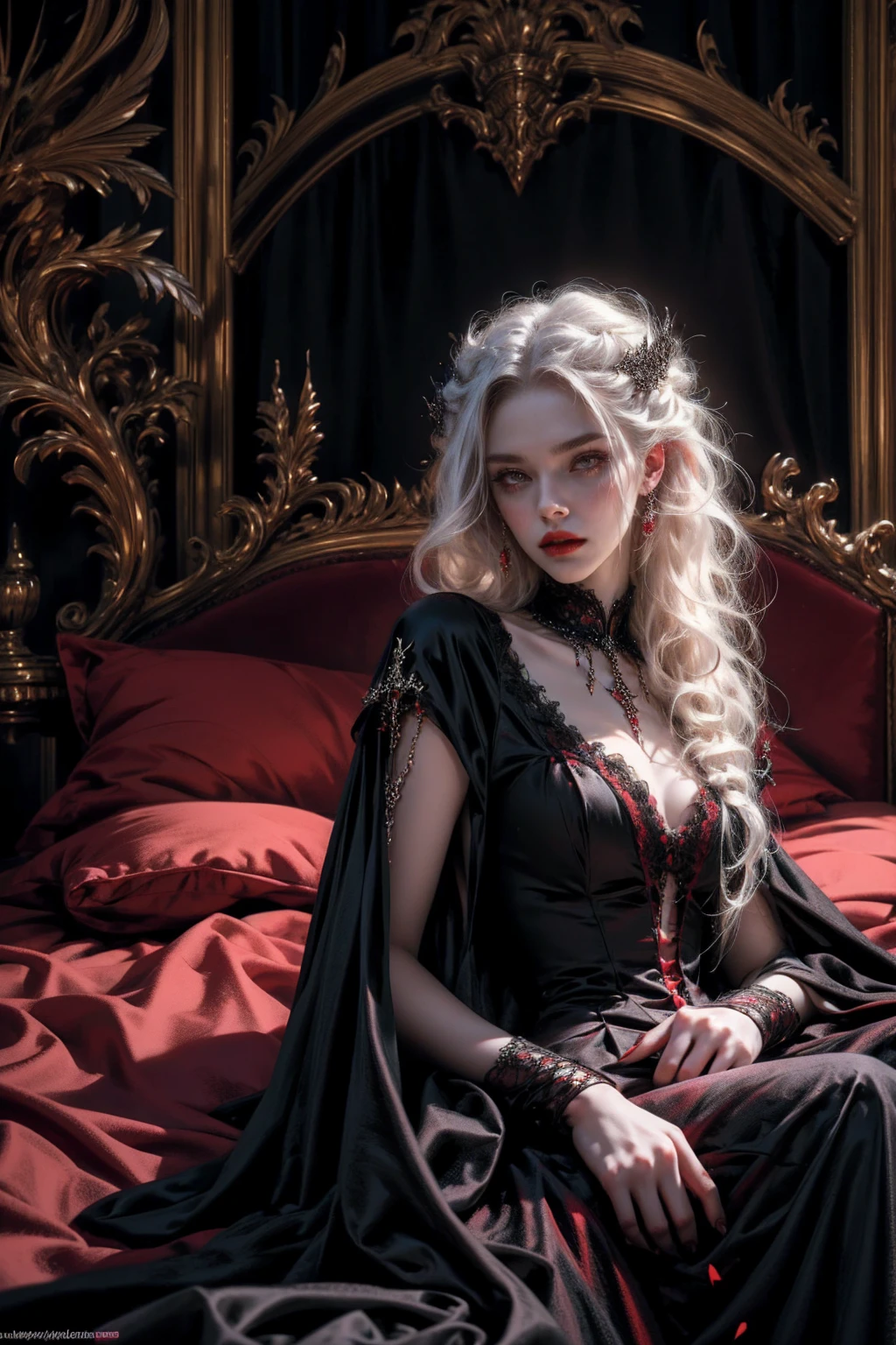 Beautiful vampire woman ,pale skin, very long white hair ,red golden eyes , black gown , black victorian dress , piercing look and red lipstick, laying on the bed