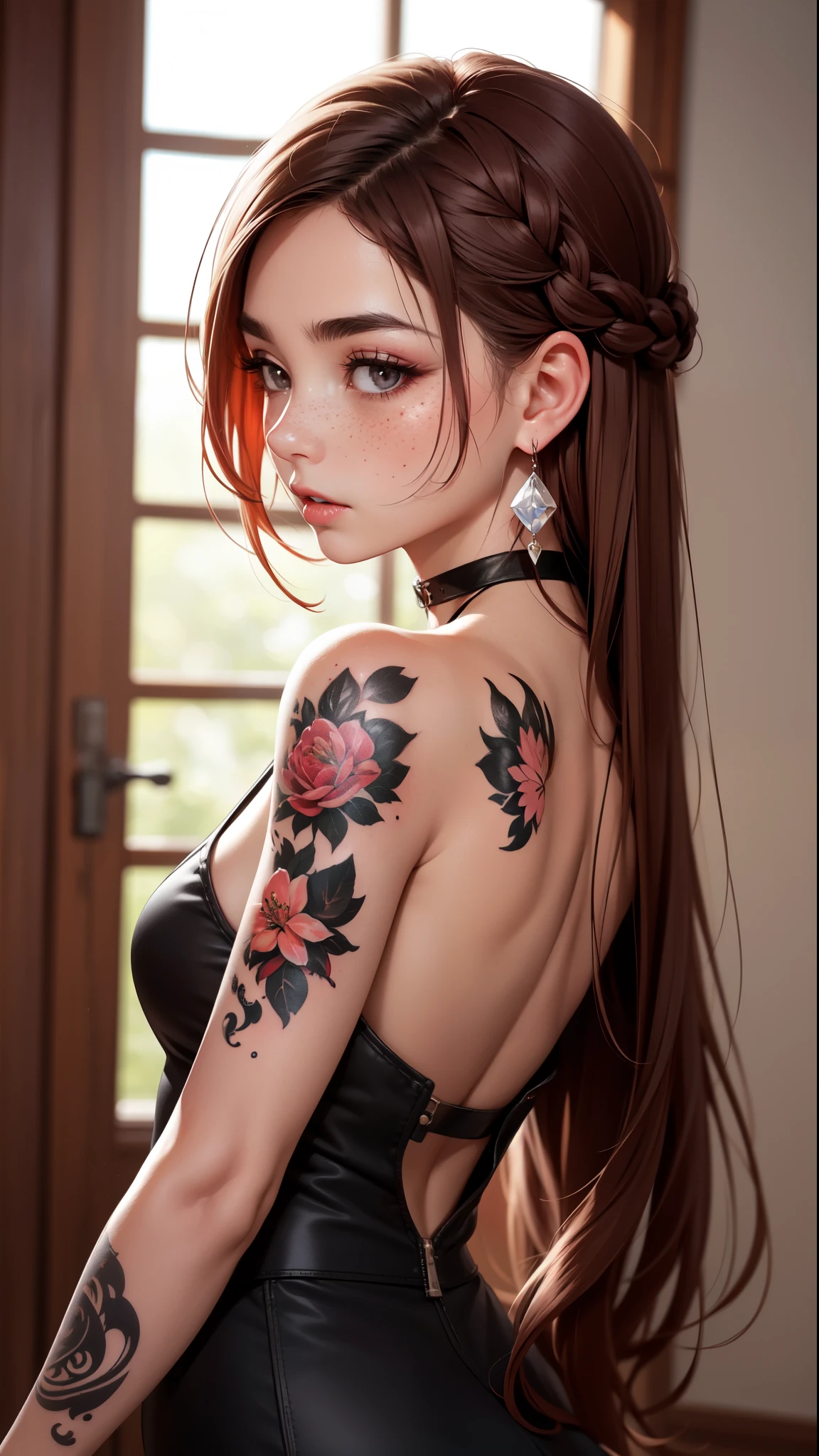 SFW、Highest quality、woman、2、Backlight、Black choker、Blurred Background、blush、Mouth closed、clavicle、Earrings、amount、freckles、Hair over shoulders、gem、Long Hair、Looking down、Pointed nose、Glossy Lips、Shadow、solo、Thick eyebrows、Thick eyelashes、Upper Body、Redhead、Braid、Tattoo、腕のTattoo、首に黒いバラのTattoo、Light of the sun、Warm Light、Cozy、((masterpiece))