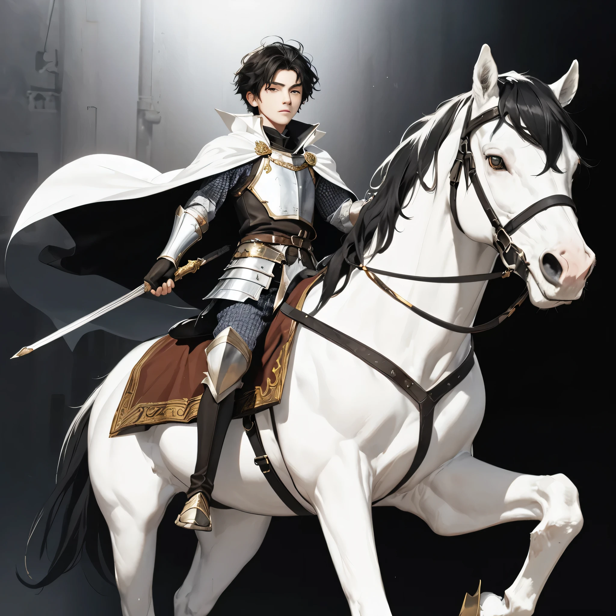 Dark fantasy, 18-years-old guy, 1 boy, male, warrior, noble, medieval, black hair, golden eyes, imponent, white armor, white cape, cape, young boy, teen boy, solo, full body, better face, on a white horse