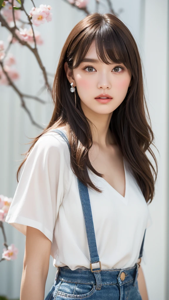 (Flying debris, Highest quality、High resolution:1.4、Very attractive beauty、Add strong highlights to the eyes、Look closely at the camera:1.4、A charming beautiful woman、私deal ratio body proportions、Perfect Anatomy、Wavy Long Hair、Shiny Hair、bangs:1.4、光沢のあるbangs:1.4、Lip gloss),1 girl, light brown Shiny Hair,Please tilt your head a little, 丈が短くサイズがbigTシャツ、Wide pants with suspenders、 lips, Lip gloss、Big eyes、eyelash、Face is a little red)、((White mortar mural background))、((very big chestger generally small chest、Very beautiful beauty、Stick out your ears、Long neck))、2、Very cute supermodel、bangs:2、{Huge|big|Hugeな|Mega} chest, chestの谷間,Full Body Shot,Overall image