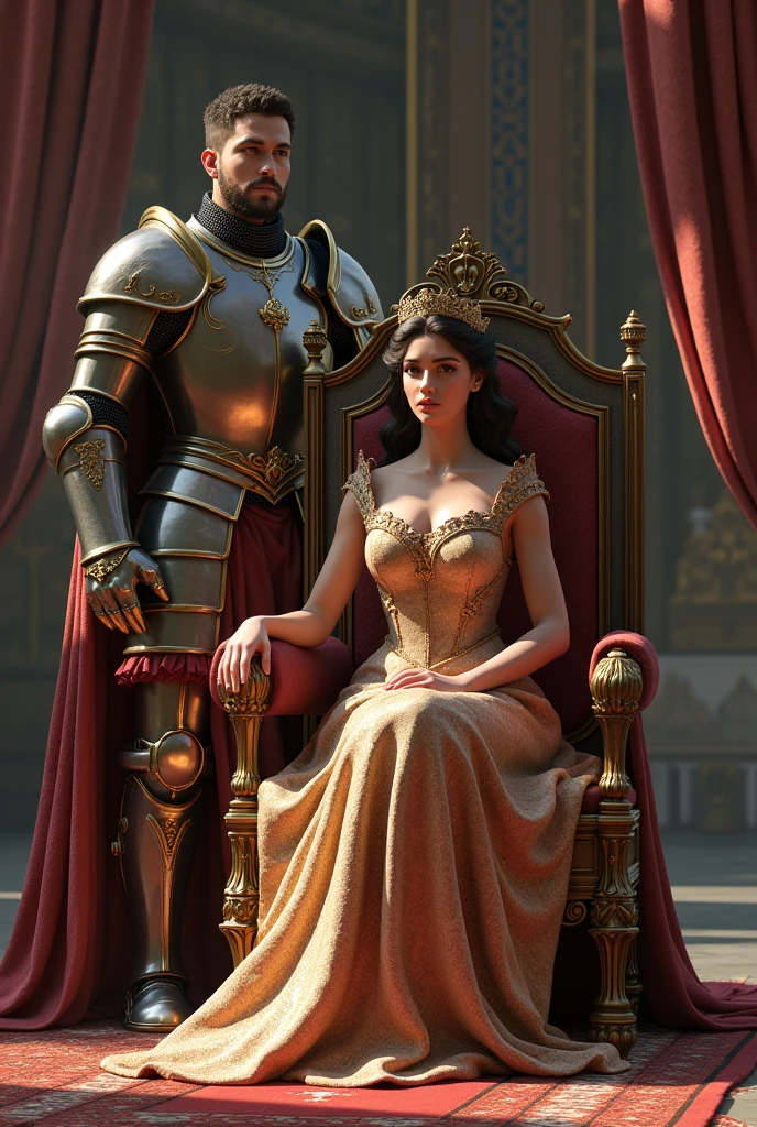 a young queen, sitting on a throne, wearing a thin luxurious dress, showing a large cleavage, hands relaxed on the back of the chair, left leg folded up. The model is guarded by two soldiers in armor. fantasy style